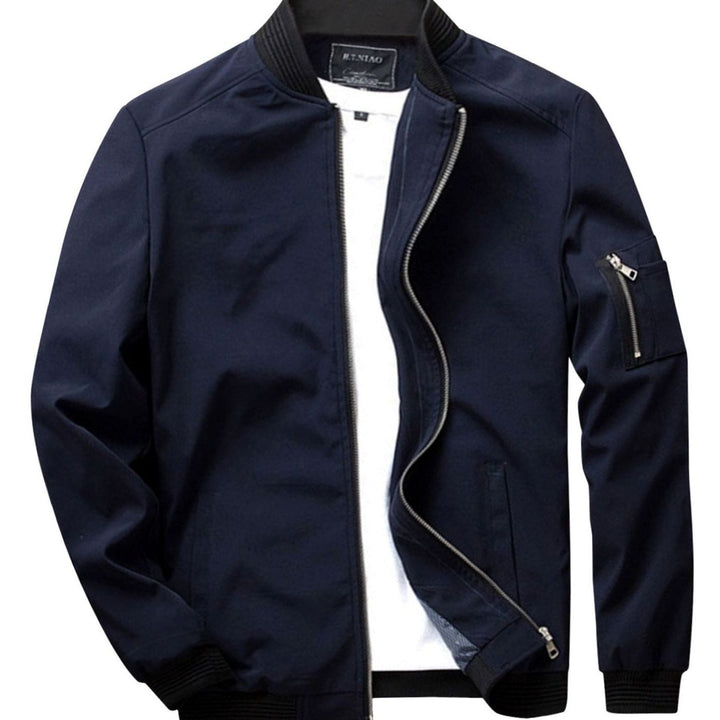 Men's Full-Zip Bomber Front Jacket Ribbed-Collar Lightweight - Dark Blue