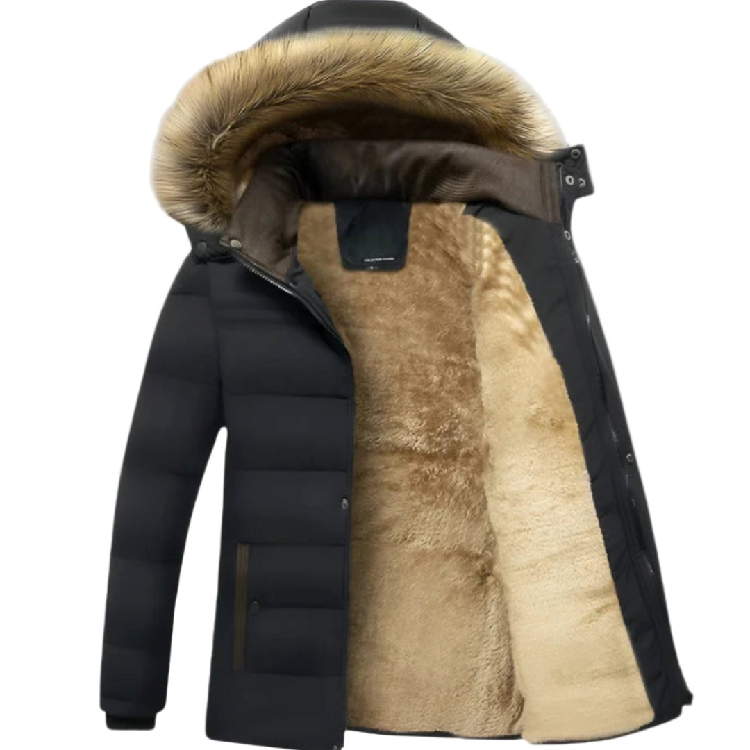 Men's Fur-Lined Hooded Heavy-Duty Winter Jackets - Black