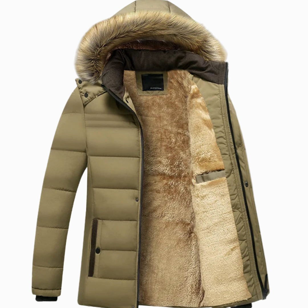 Men's Fur-Lined Hooded Heavy-Duty Winter Jackets - Khaki