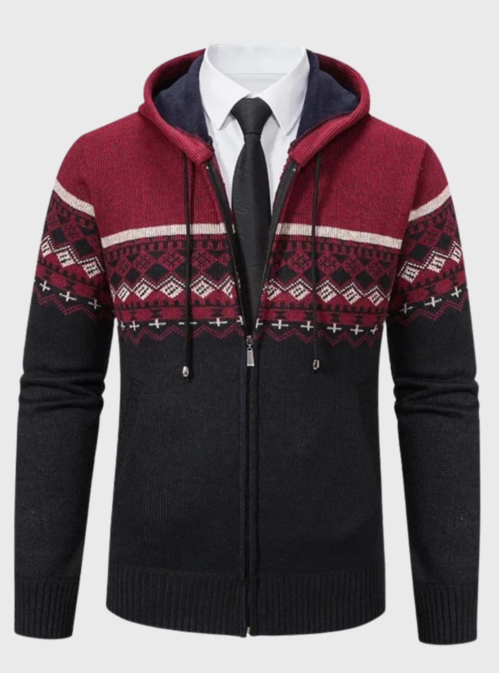 Men's Geometric Fair Isle Hooded Full-Zip Knit Cardigan