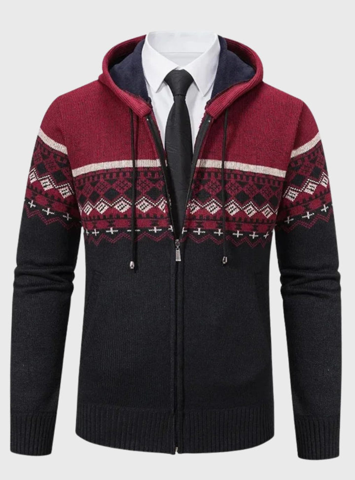 Men's Geometric Fair Isle Hooded Full-Zip Knit Cardigan