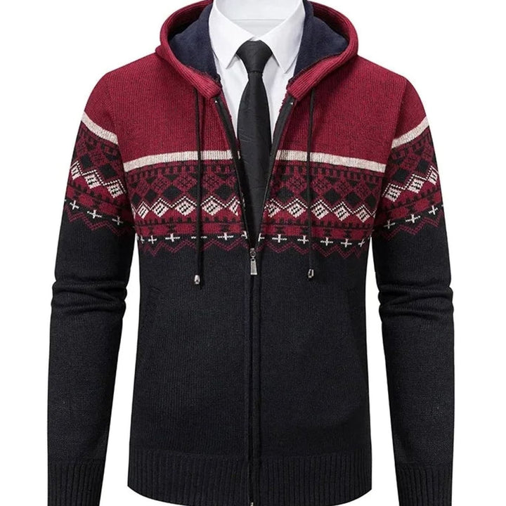 Men's Geometric Fair Isle Hooded Full-Zip Knit Cardigan - Red