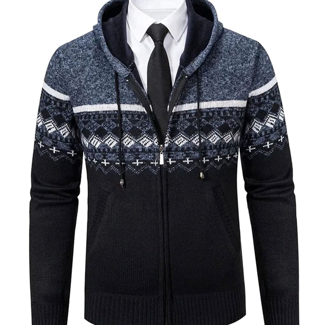 Men's Geometric Fair Isle Hooded Full-Zip Knit Cardigan - Blue Gray