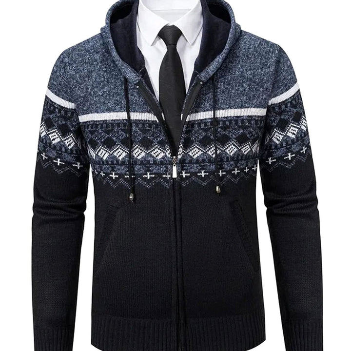 Men's Geometric Fair Isle Hooded Full-Zip Knit Cardigan - Blue Gray