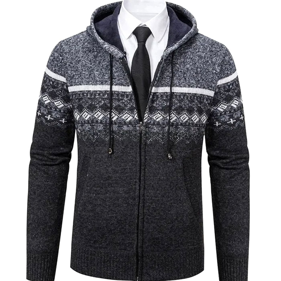 Men's Geometric Fair Isle Hooded Full-Zip Knit Cardigan - Dark Gray