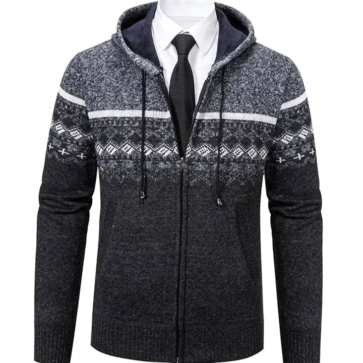 Men's Geometric Fair Isle Hooded Full-Zip Knit Cardigan - Dark Gray