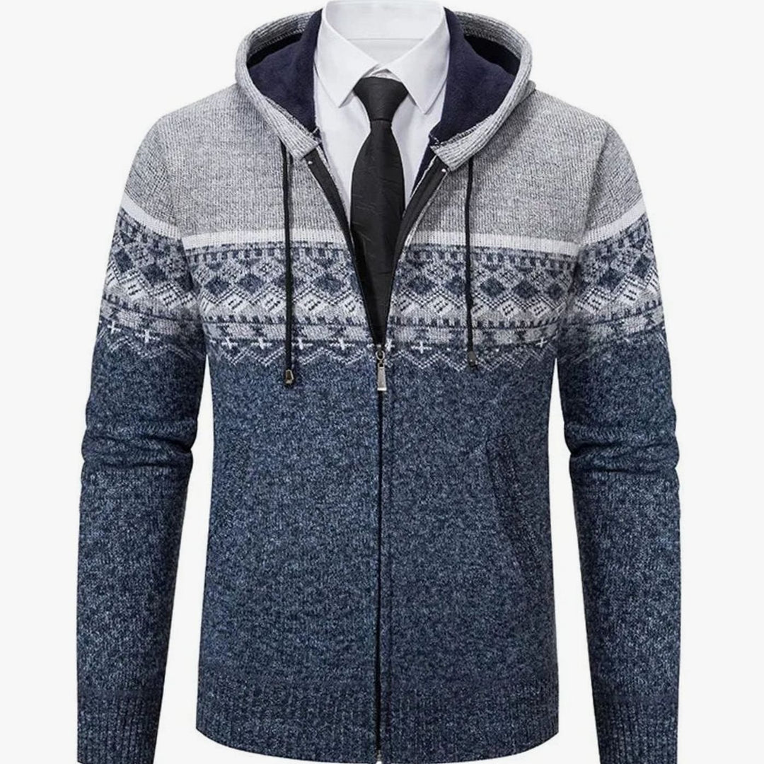 Men's Geometric Fair Isle Hooded Full-Zip Knit Cardigan - Light Gray