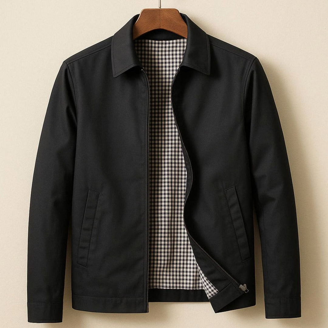 Men's Harrington Bomber Jacket Checked Lining Shirt Collar - Black