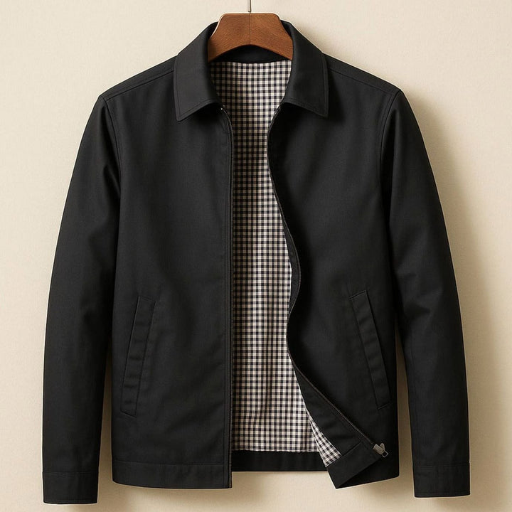 Men's Harrington Bomber Jacket Checked Lining Shirt Collar - Black