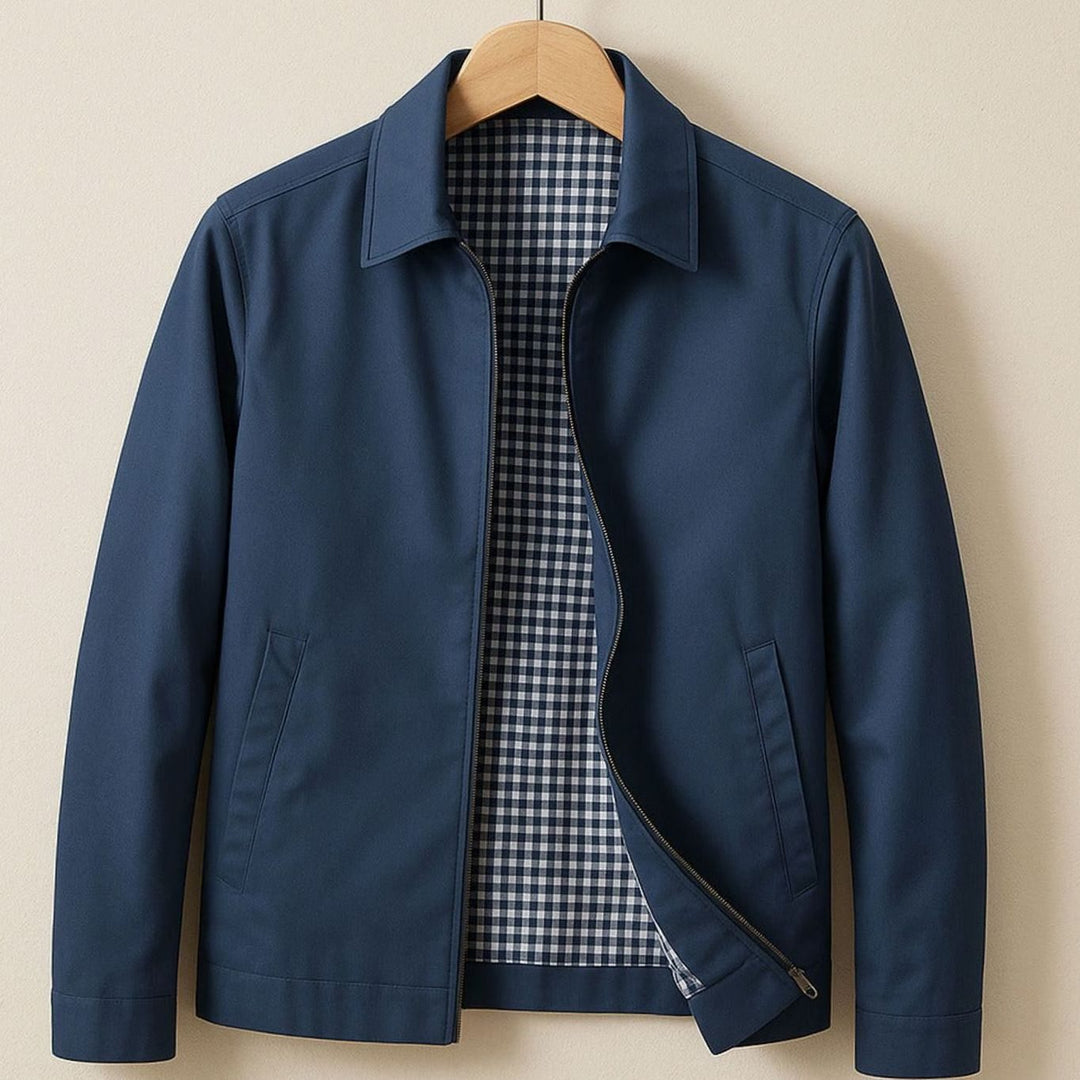 Men's Harrington Bomber Jacket Checked Lining Shirt Collar - Blue
