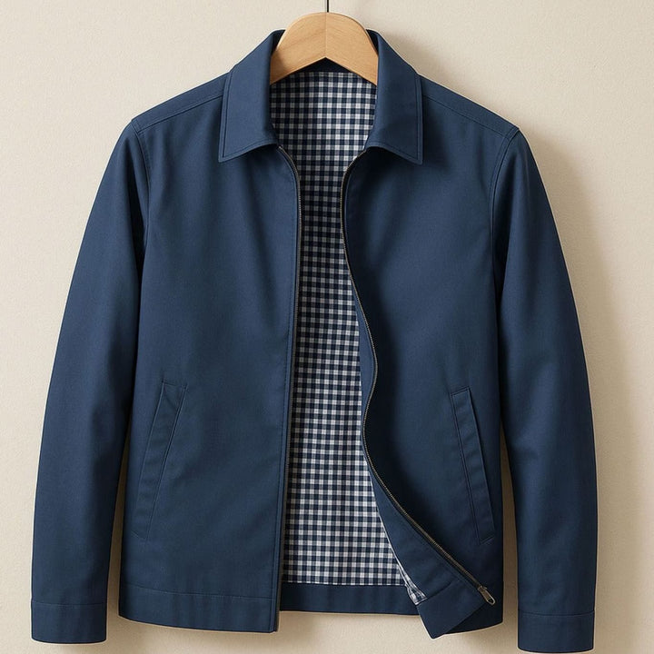 Men's Harrington Bomber Jacket Checked Lining Shirt Collar - Blue