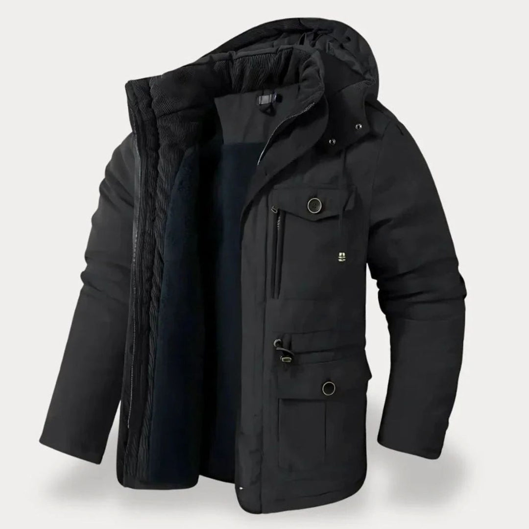 Men's Heavy-Duty Insulated Hooded Winter Jacket Multi-Pocket Parka - Black