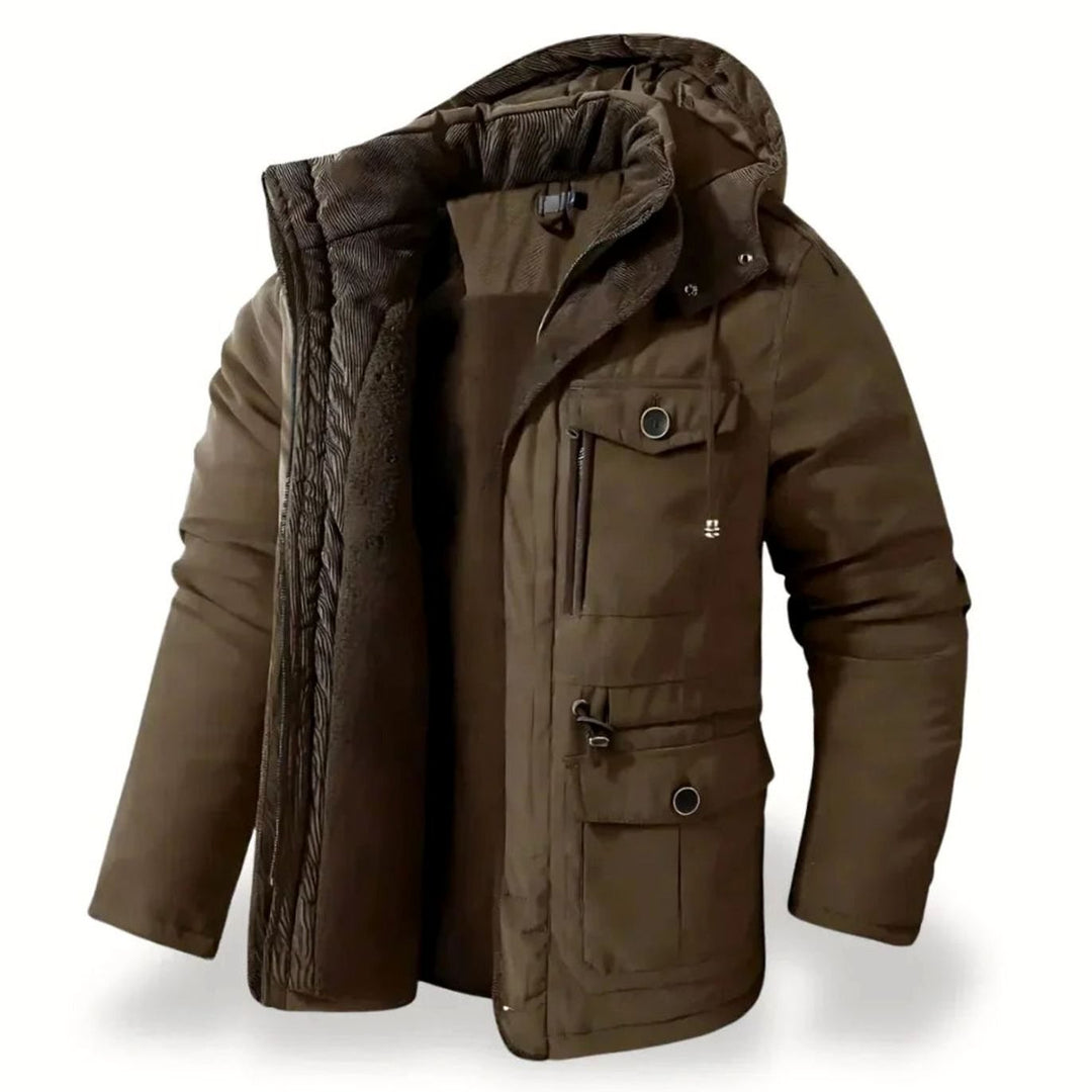 Men's Heavy-Duty Insulated Hooded Winter Jacket Multi-Pocket Parka - Brown