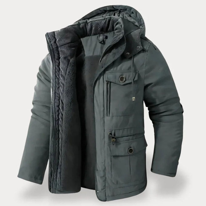 Men's Heavy-Duty Insulated Hooded Winter Jacket Multi-Pocket Parka - Gray