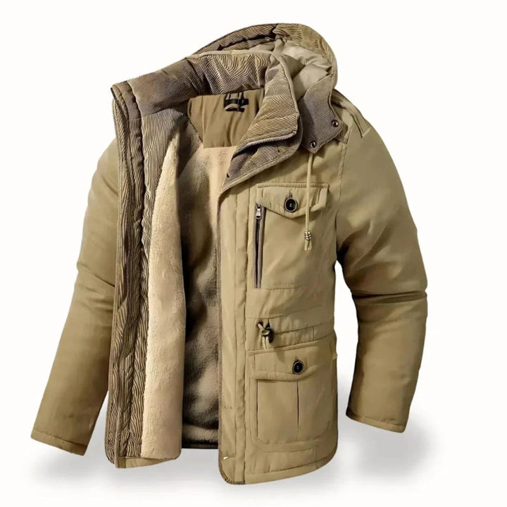 Men's Heavy-Duty Insulated Hooded Winter Jacket Multi-Pocket Parka - Beige