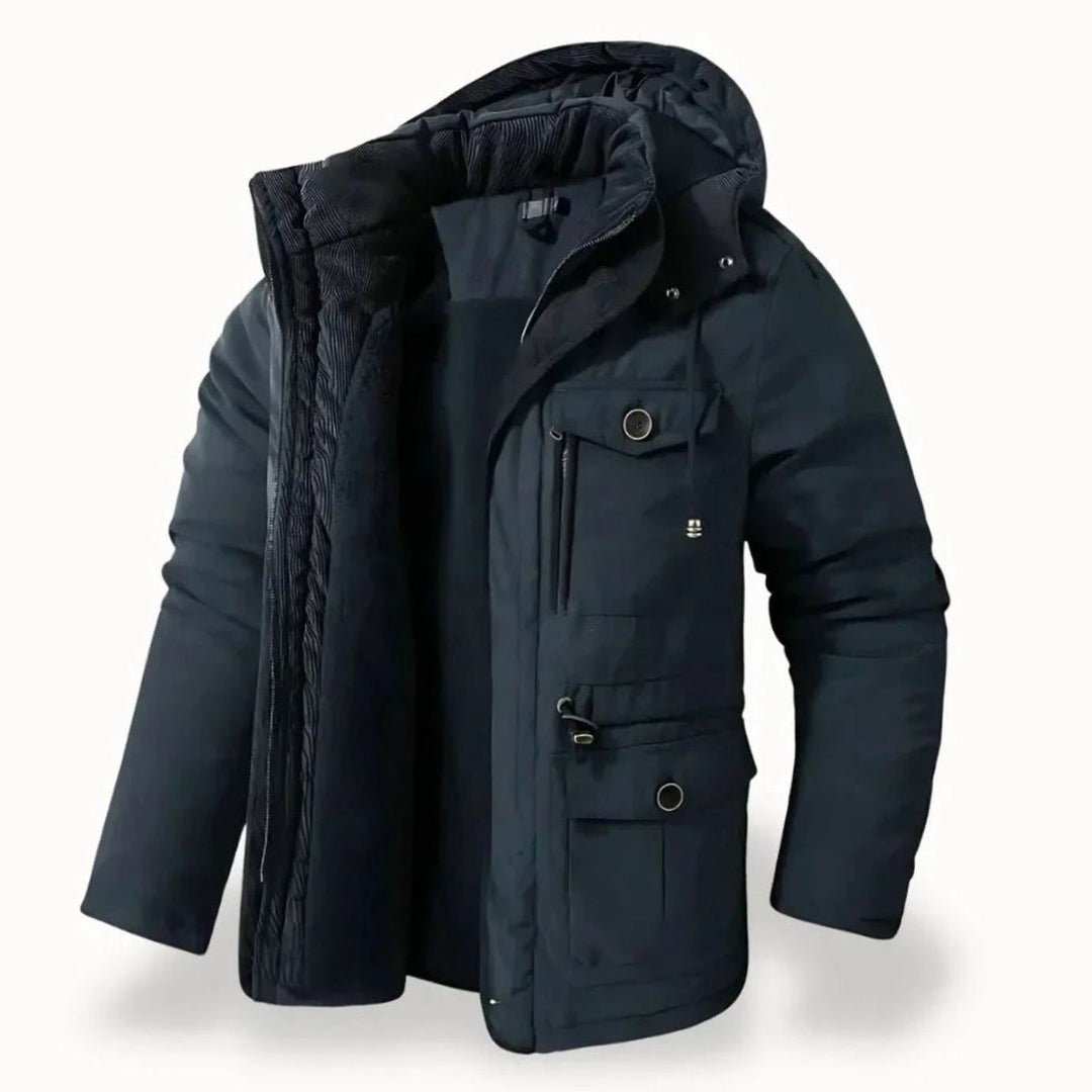 Men's Heavy-Duty Insulated Hooded Winter Jacket Multi-Pocket Parka - Navy