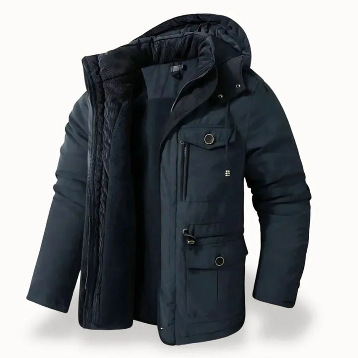 Men's Heavy-Duty Insulated Hooded Winter Jacket Multi-Pocket Parka - Navy