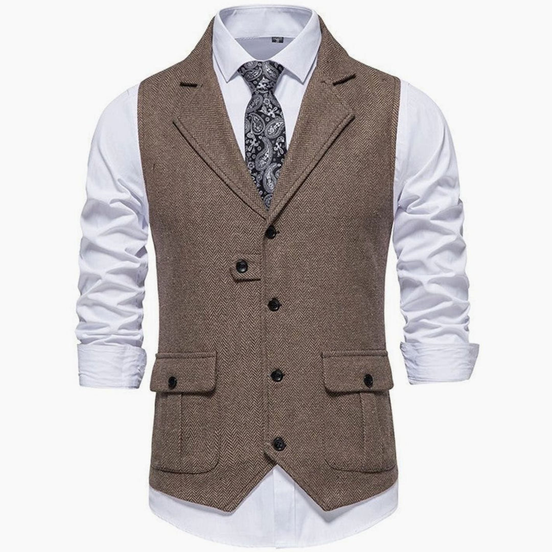 Men's Herringbone Notch-Lapel Button-Front Suit Outfit Vest - Brown