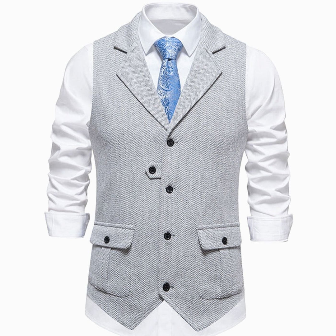 Men's Herringbone Notch-Lapel Button-Front Suit Outfit Vest - Gray