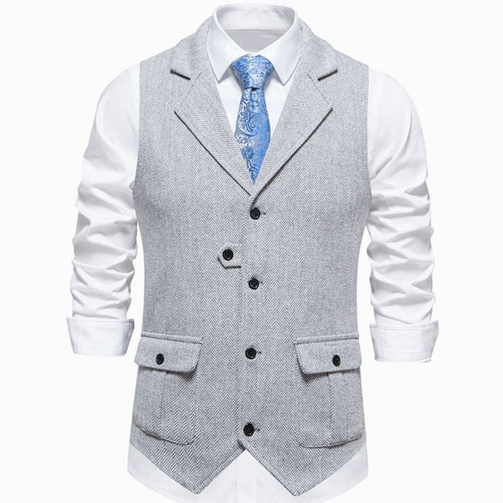 Men's Herringbone Notch-Lapel Button-Front Suit Outfit Vest - Gray