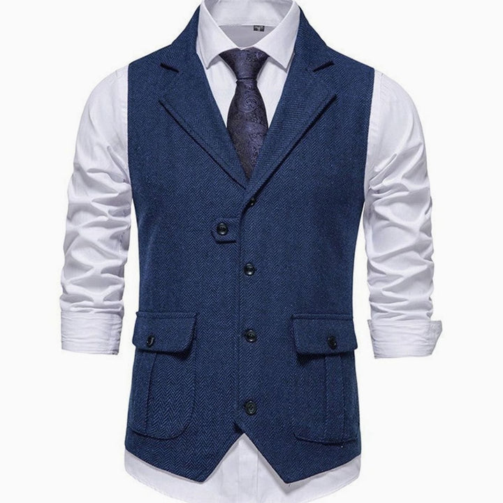 Men's Herringbone Notch-Lapel Button-Front Suit Outfit Vest - Blue