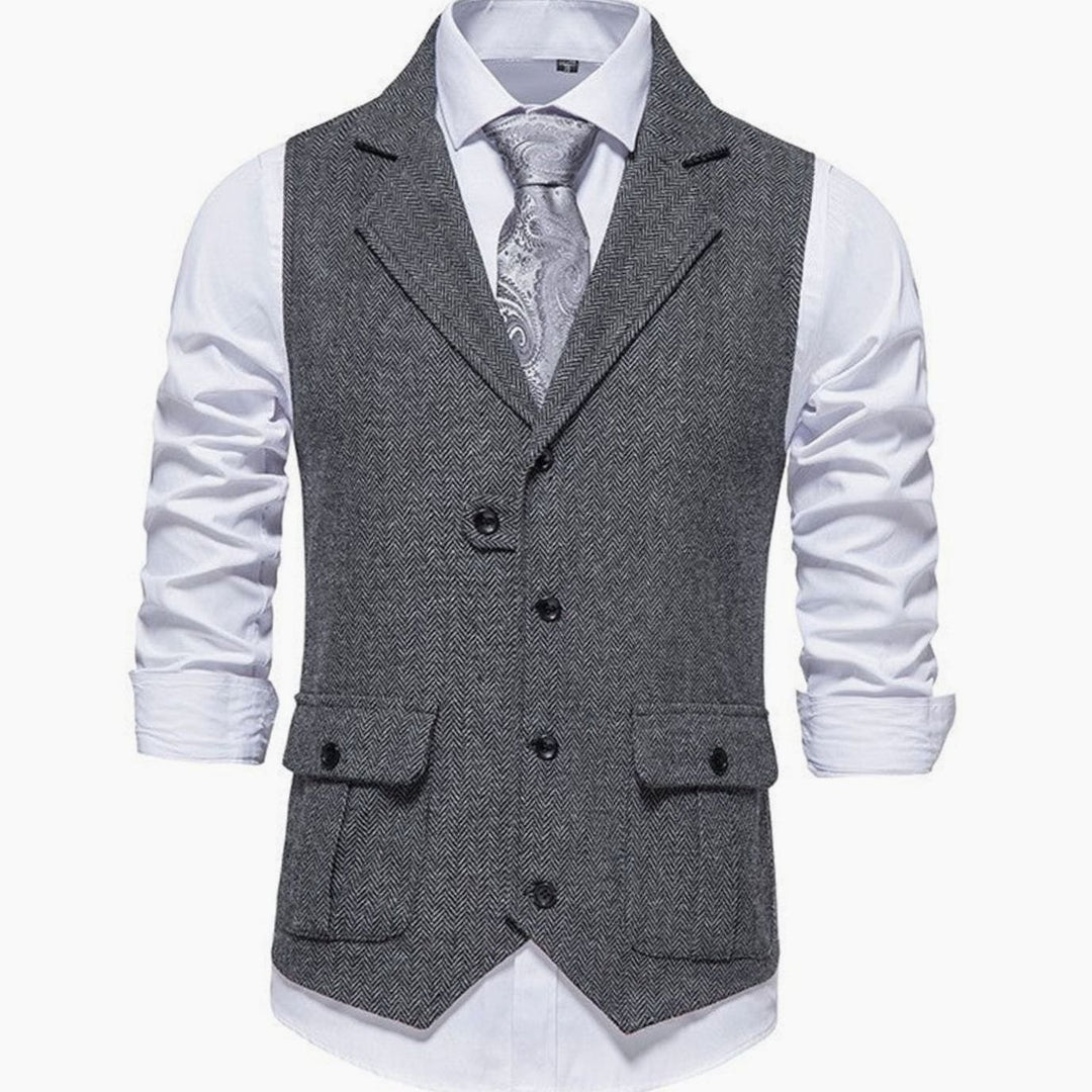 Men's Herringbone Notch-Lapel Button-Front Suit Outfit Vest - Dark Grey