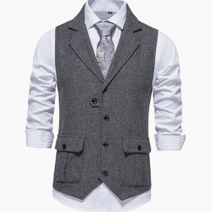 Men's Herringbone Notch-Lapel Button-Front Suit Outfit Vest - Dark Grey