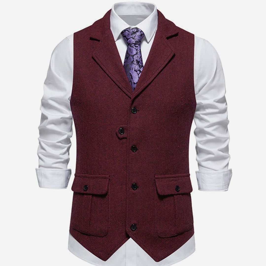 Men's Herringbone Notch-Lapel Button-Front Suit Outfit Vest - Red