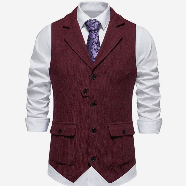 Men's Herringbone Notch-Lapel Button-Front Suit Outfit Vest - Red