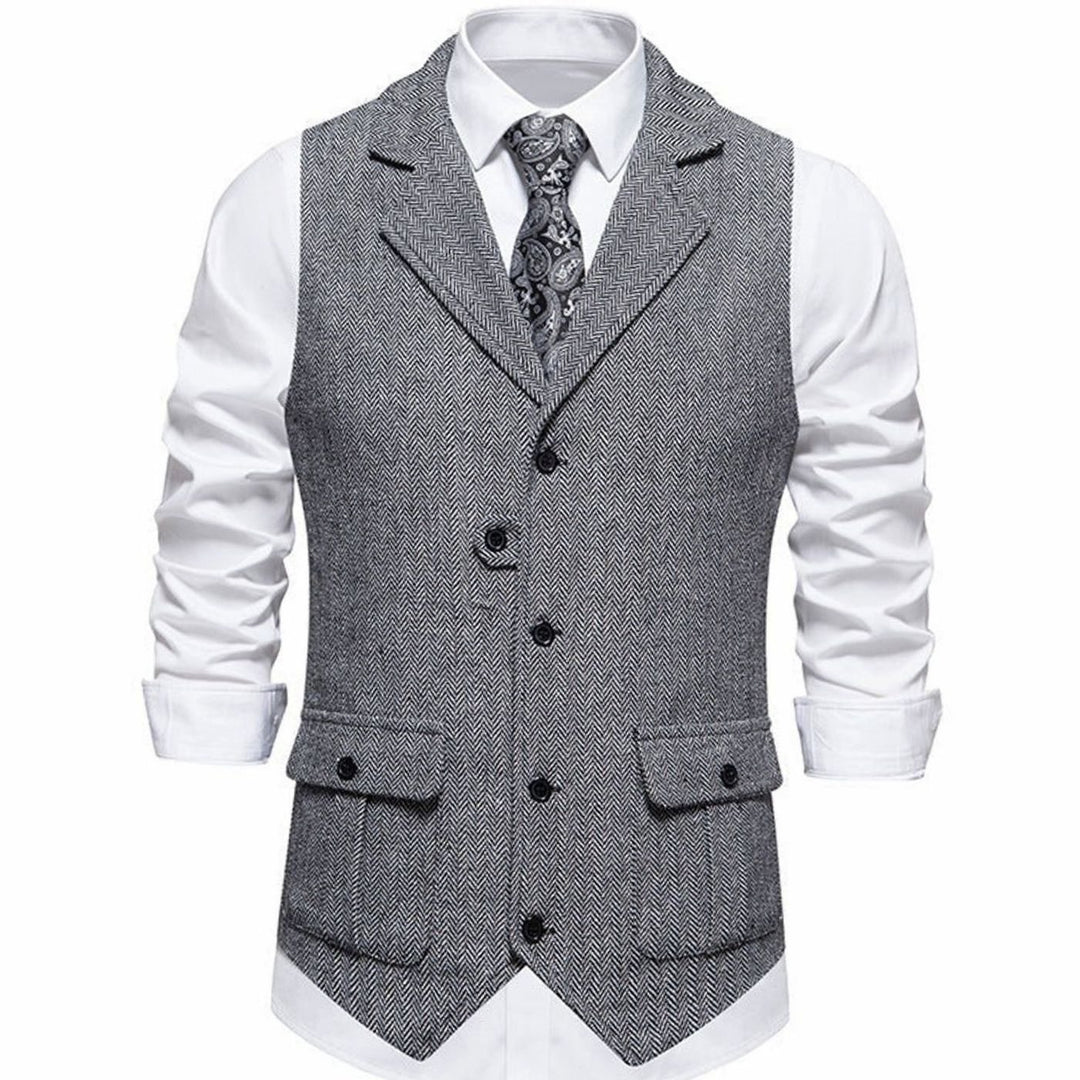 Men's Herringbone Notch-Lapel Button-Front Suit Outfit Vest - Light Gray