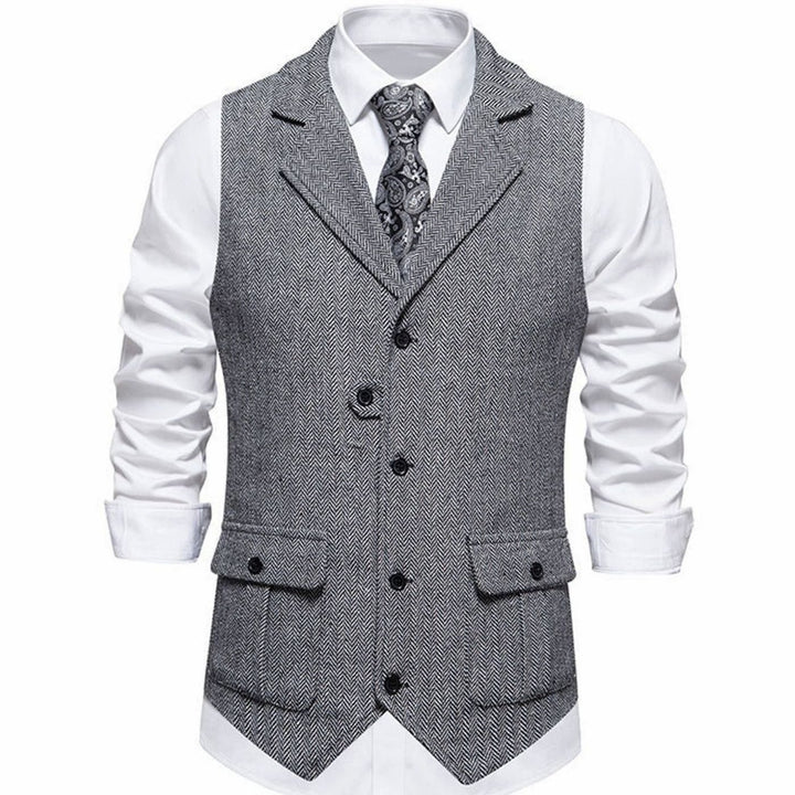 Men's Herringbone Notch-Lapel Button-Front Suit Outfit Vest - Light Gray