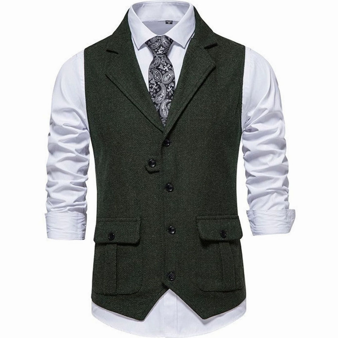 Men's Herringbone Notch-Lapel Button-Front Suit Outfit Vest - Green