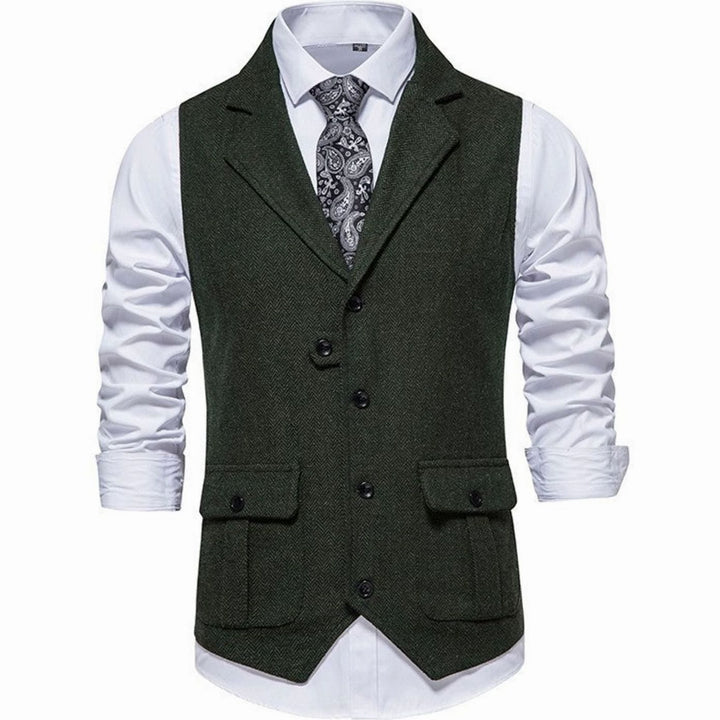 Men's Herringbone Notch-Lapel Button-Front Suit Outfit Vest - Green