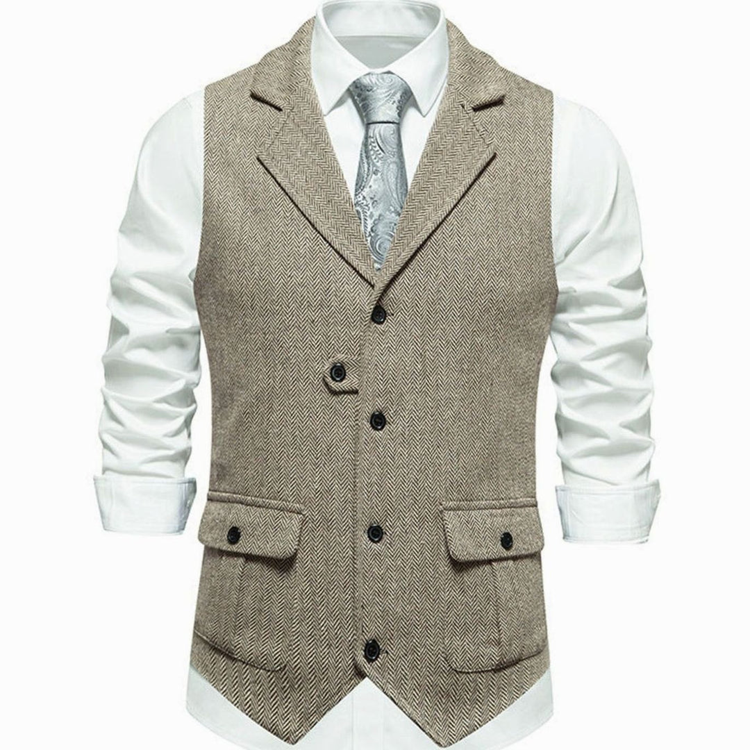 Men's Herringbone Notch-Lapel Button-Front Suit Outfit Vest - Beige
