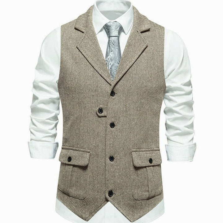 Men's Herringbone Notch-Lapel Button-Front Suit Outfit Vest - Beige