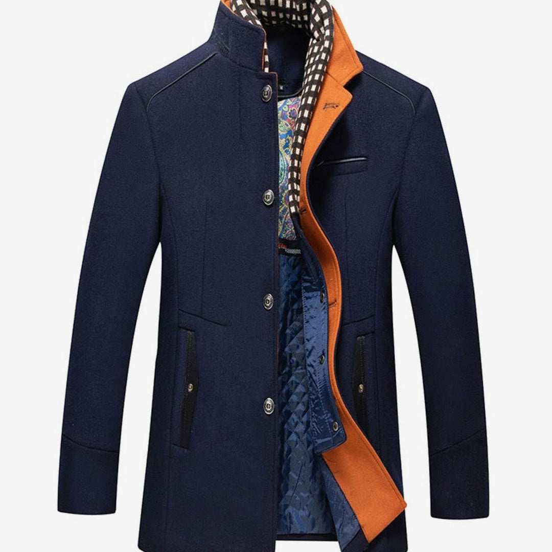 Men's High-Neck Button-Front Quilted-Lined Wool-Feel Overcoat - Dark Blue