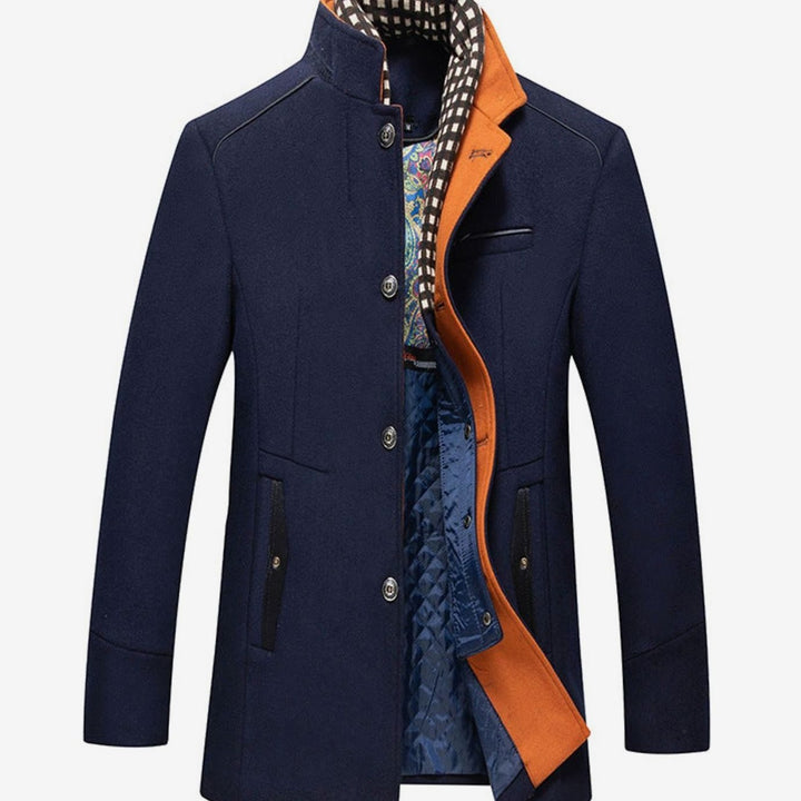 Men's High-Neck Button-Front Quilted-Lined Wool-Feel Overcoat - Dark Blue