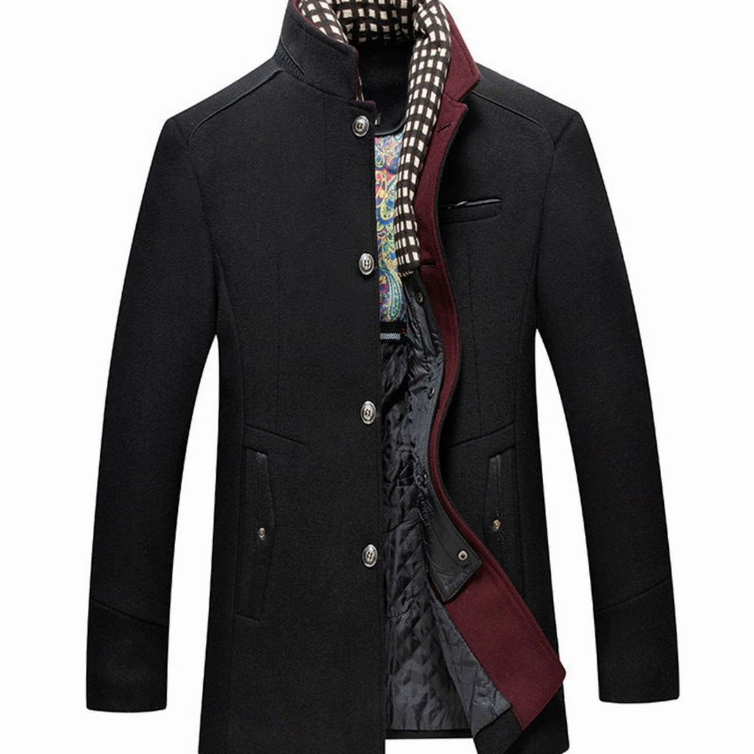 Men's High-Neck Button-Front Quilted-Lined Wool-Feel Overcoat - Black
