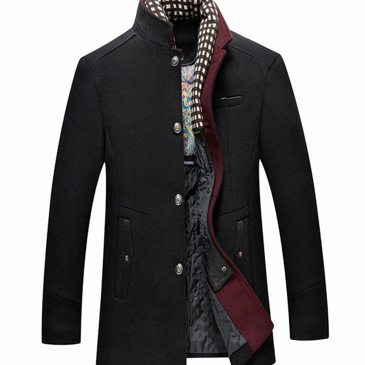 Men's High-Neck Button-Front Quilted-Lined Wool-Feel Overcoat - Black
