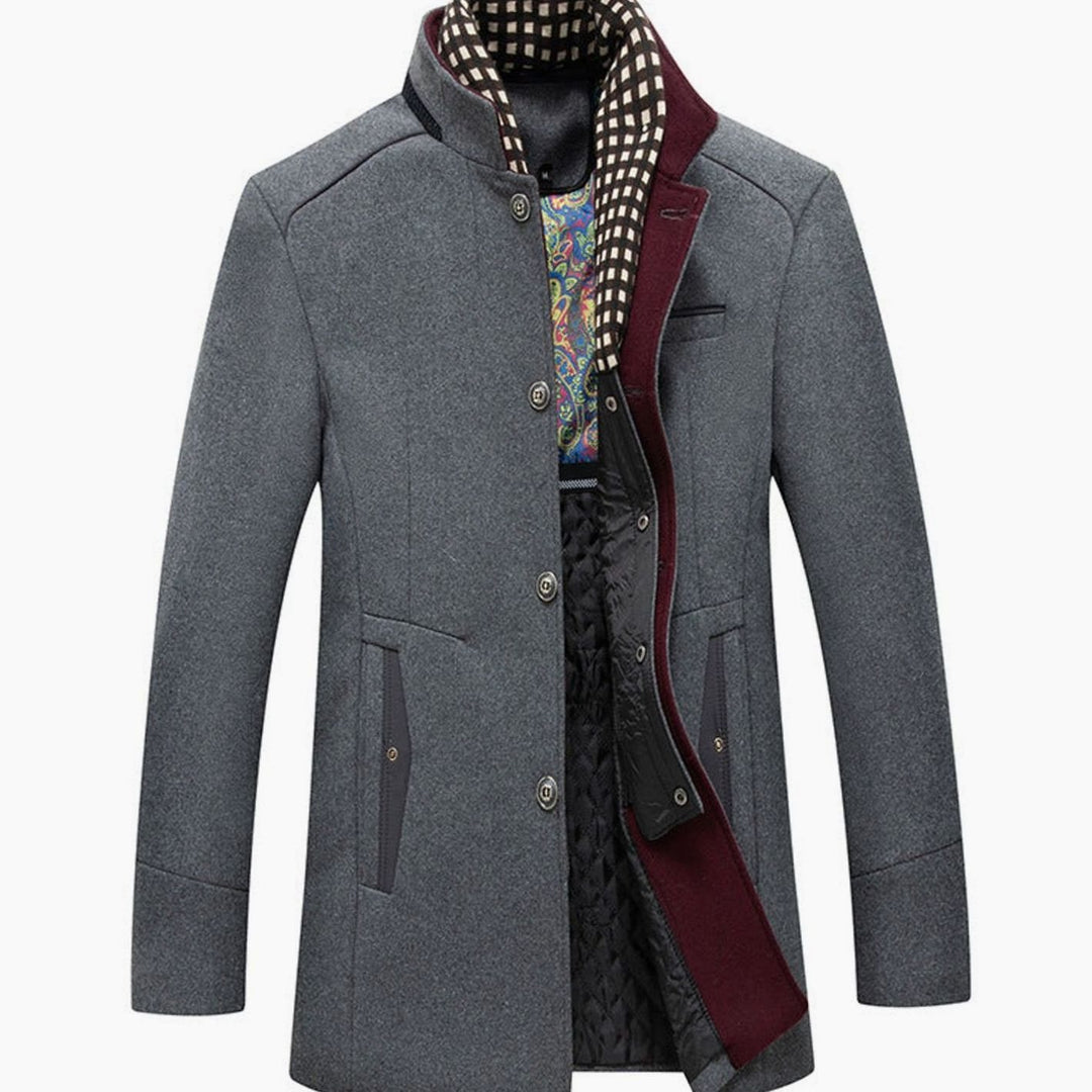 Men's High-Neck Button-Front Quilted-Lined Wool-Feel Overcoat - Gray
