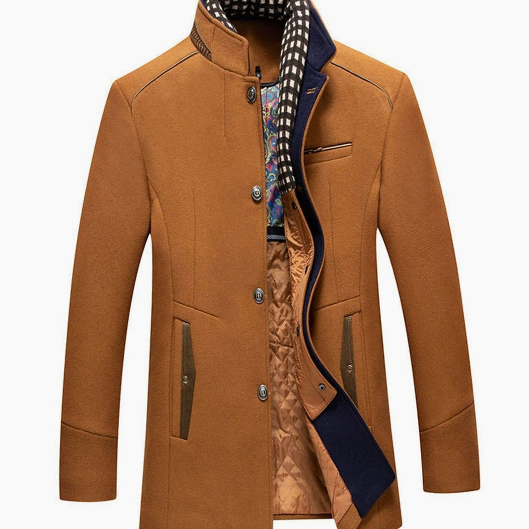 Men's High-Neck Button-Front Quilted-Lined Wool-Feel Overcoat - Dark Beige