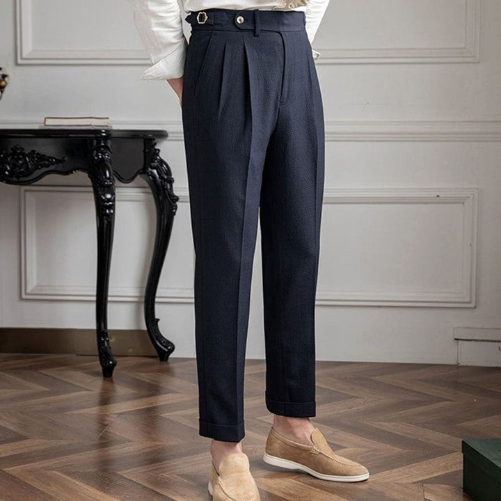 Men's High-Waist Tailored Pleated Trousers Buckle Waistband