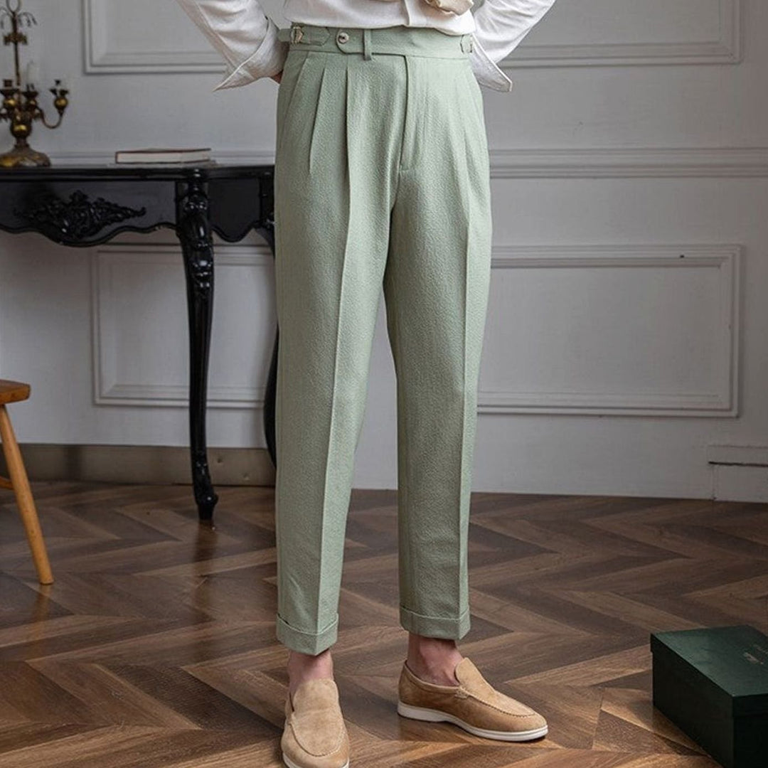 Men's High-Waist Tailored Pleated Trousers Buckle Waistband