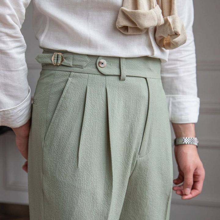 Men's High-Waist Tailored Pleated Trousers Buckle Waistband - Green