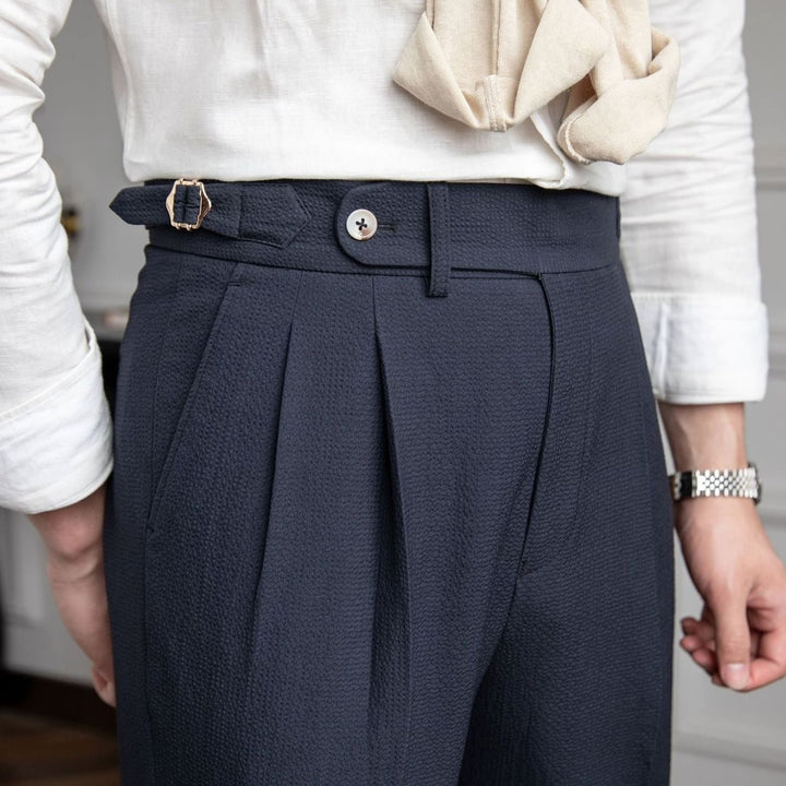 Men's High-Waist Tailored Pleated Trousers Buckle Waistband - Blue