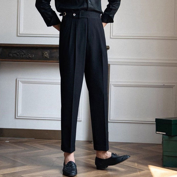 Men's High-Waist Tailored Pleated Trousers Buckle Waistband