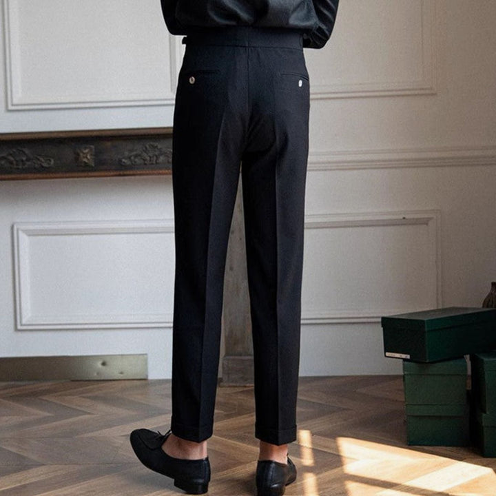 Men's High-Waist Tailored Pleated Trousers Buckle Waistband