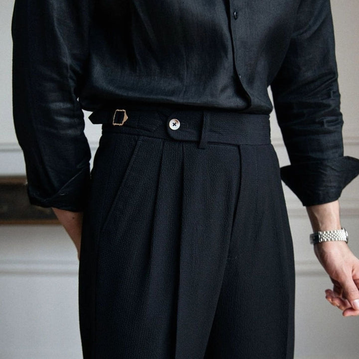 Men's High-Waist Tailored Pleated Trousers Buckle Waistband - Black
