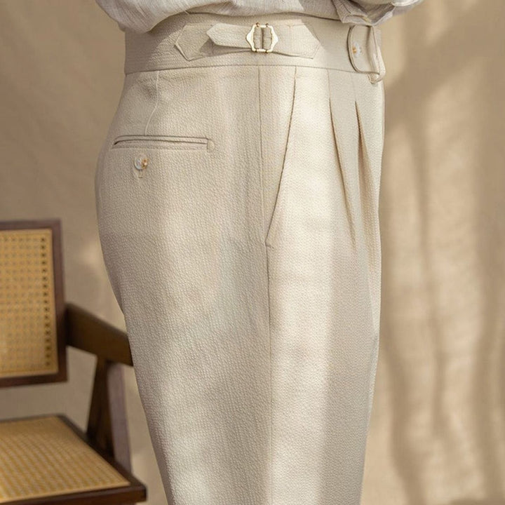 Men's High-Waist Tailored Pleated Trousers Buckle Waistband