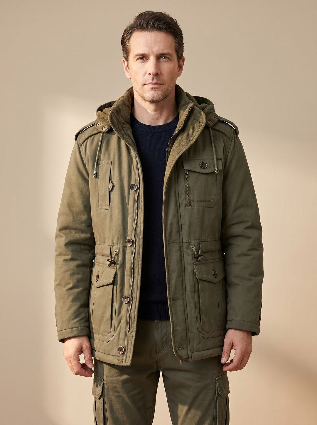 Men's Hooded Multi-Pocket Water-Resistant Lined Parka Jacket